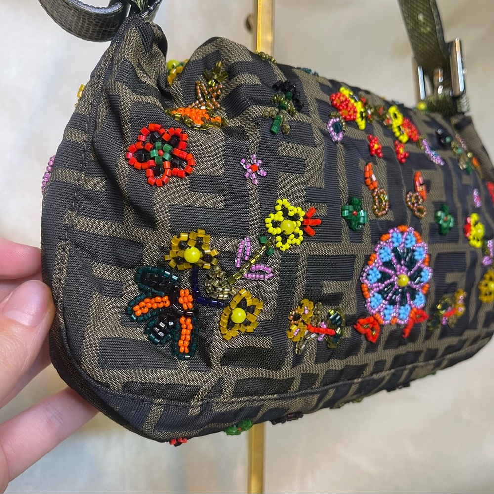 💖SOLD💖Fendi zucca print floral beaded baguette lizard shoulder strap RARE - Picture 6 of 16